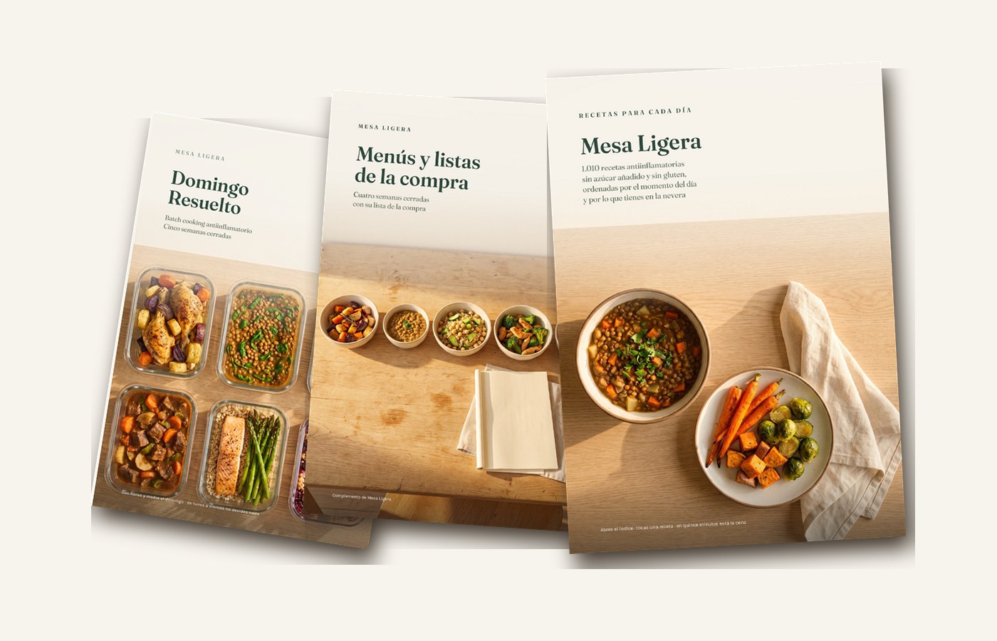El recetario Mesa Ligera, los menús con lista de la compra y el cuaderno de batch cooking Domingo Resuelto